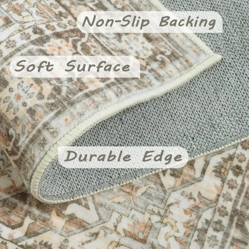 New 2x3 Washable Area Rug, Brown Vintage Floral Non-Slip Mat for Entry & Home